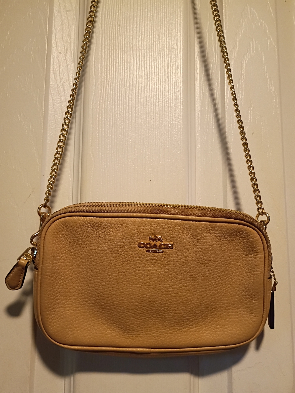 Coach Pebbled Leather Crossbody in Tan with Gold Chain Strap